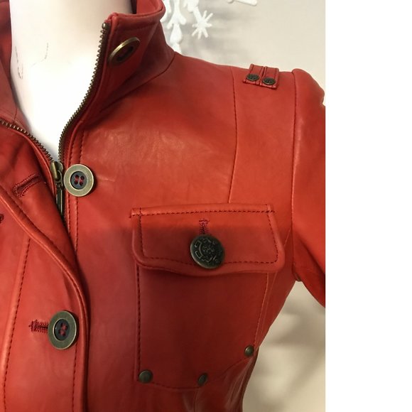 Danier Burnt Orange Red Italian Soft Leather Fitted Biker Moto Jacket Coat - Picture 2 of 12